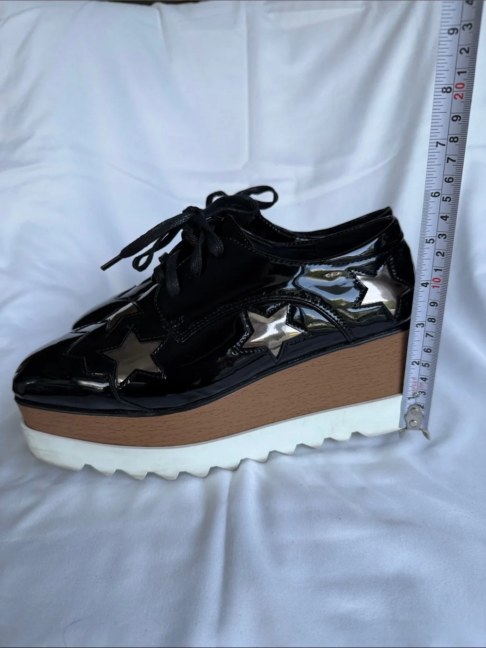 Designer inspired Black Patent Platform Lace-Up Shoes with Star Accents